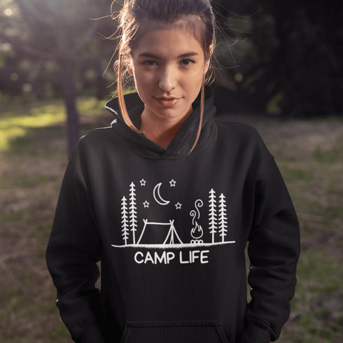 This cozy classic hoodie features a campsite-themed logo with the proud declaration: Camp Life—for those who believe marshmallows are a food group
